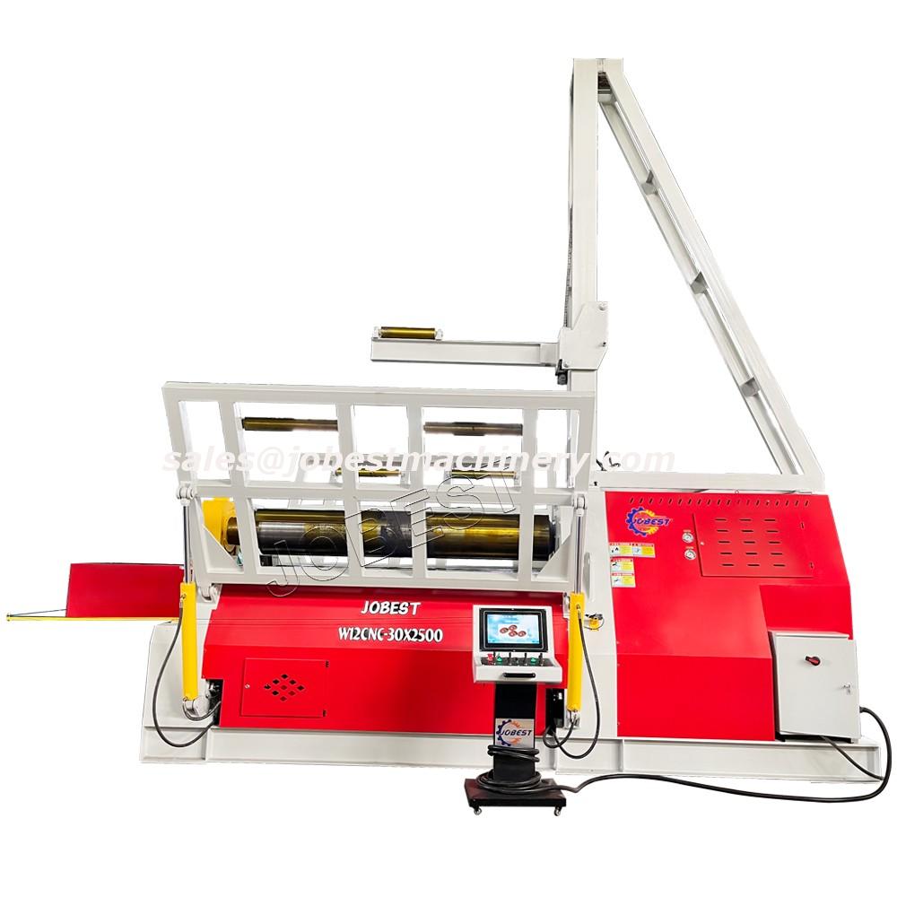 W12CNC-30X2500 with 15-inch touchscreen, four rollers made of 42CrMo material, inclined four-roll plate rolling machine, with upper and left/right material supports, and automatic lubrication function