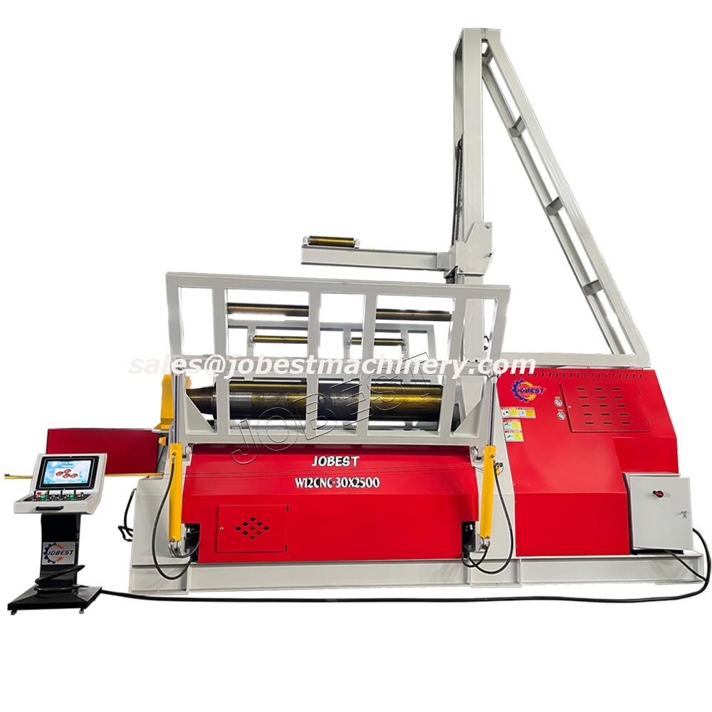 W12CNC-30X2500 with 15-inch touchscreen, four rollers made of 42CrMo material, inclined four-roll plate rolling machine, with upper and left/right material supports, and automatic lubrication function
