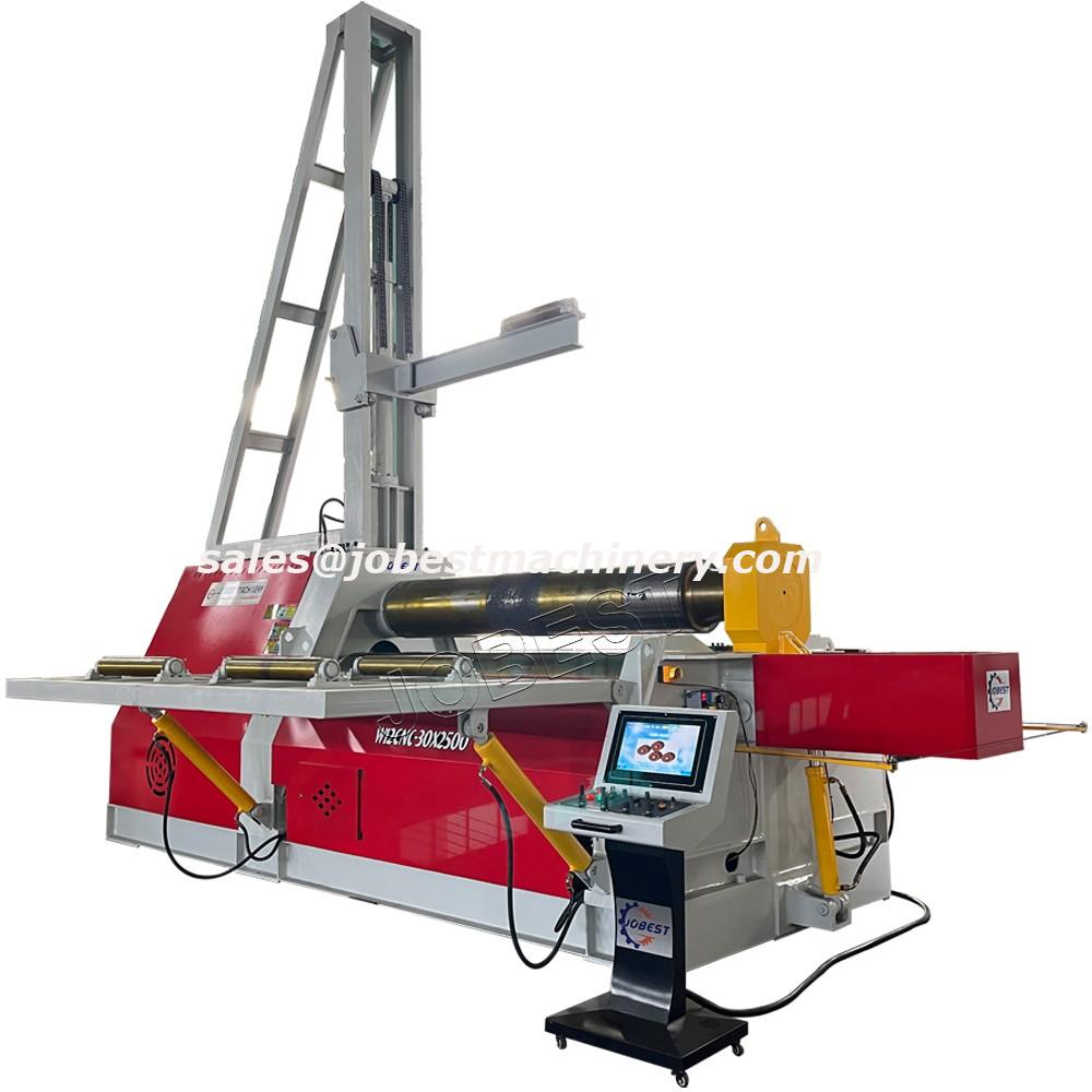 W12CNC-30X2500 with 15-inch touchscreen, four rollers made of 42CrMo material, inclined four-roll plate rolling machine, with upper and left/right material supports, and automatic lubrication function