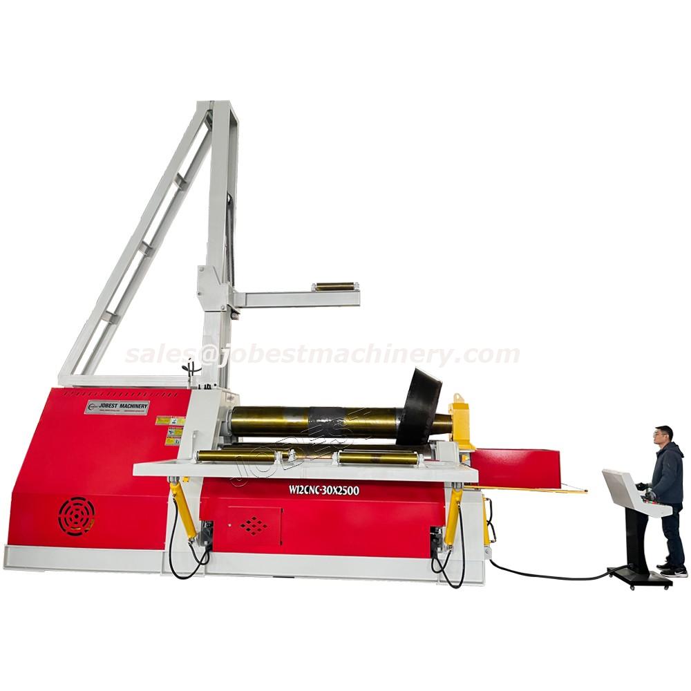 W12CNC-30X2500 with 15-inch touchscreen, four rollers made of 42CrMo material, inclined four-roll plate rolling machine, with upper and left/right material supports, and automatic lubrication function